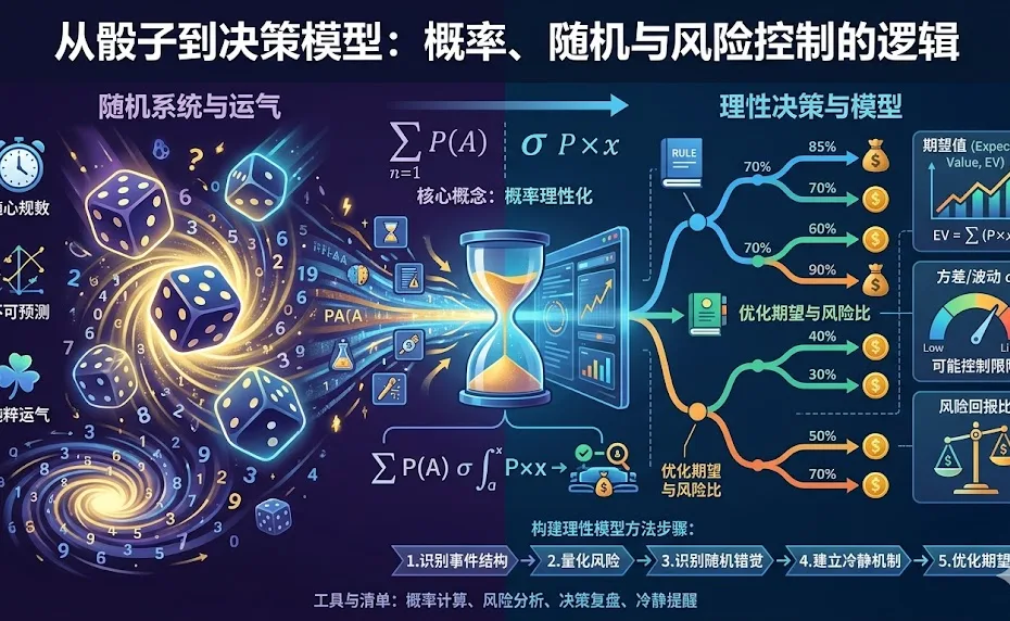 从骰子到决策模型：概率、随机与风险控制的逻辑一、前言：一枚骰子里的世界 人类自古以来就对“运气”充满好奇。 无论是掷骰子、抽签、投资还是人生抉择，我们都在与**随机性（Randomness）**共舞。 骰子，这个最简单的随机系统之一，却揭示了人类认知的一个永恒悖论—— 我们既渴望掌控未来，又被不可预测的事件牵动情绪。 然而，从数学与心理学的角度看，骰子不仅是运气的象征，更是理性决策的缩影。 在看似无序的掷骰过程中，隐藏着概率、期望值、方差、风险控制等一整套科学逻辑。 本文将带你从骰子游戏出发，走向决策科学的核心问题： 如何理解随机事件？ 如何理性评估风险？ 为什么概率错觉会让人做出错误判断？ 又该如何在不确定世界中，构建属于自己的理性模型？ 二、核心概念：随机系统与概率理性 1. 随机性（Randomness） 定义： 在同样条件下，结果不可预测的事件过程。 例子： 投掷一颗公平骰子，结果为1–6中任意一个，每次概率相等。 落地判断： 当你无法根据过去推测未来，而每种结果都有固定概率时，这就是随机事件。 2. 概率（Probability） 定义： 某事件发生的可能性，用0–1之间的数值表示。 P(事件) = 有利结果数 ÷ 全部可能结果数 示例： 投一颗骰子，掷出3的概率 P(3) = 1/6。 启示： 概率不是预测未来的工具，而是衡量风险的度量单位。 3. 期望值（Expected Value, EV） 定义： 若某事件重复无数次，其平均收益的理论值。 EV = ∑（事件概率 × 对应收益） 示例： 掷骰子，若掷出6赢6元，否则输1元： EV = (1/6×6) + (5/6×-1) = 1 - 0.833 = +0.167 → 长期来看这是“正期望”事件。 应用： 投资、保险、策略决策都以EV为核心。 4. 方差与波动（Variance & Volatility） 定义： 衡量随机事件结果的离散程度。 启示： 风险不是输，而是结果不确定的幅度。 举例： 骰子结果的波动大 → 不确定性高； 股票的日收益波动大 → 风险高。 5. 决策期望（Decision Expectation） 在现实中，我们不追求绝对正确，而追求长期平均收益最大化。 因此理性决策模型的目标是： 在有限资源、有限信息下，让“平均正确率×回报”最大化。 可操作动作项： 写下你最近做过的三个关键决策； 估算各自的成功概率和潜在收益； 计算它们的期望值（EV），找出真正理性的选择。 三、方法步骤：构建理性概率模型 步骤一：识别事件结构 任何决策都可分解为四个核心要素： 事件空间（所有可能结果）； 概率分布（每个结果的可能性）； 奖惩系统（收益或损失）； 反馈机制（结果影响未来）。 示例： 在一个“骰子投资模型”中： 事件空间 = {1,2,3,4,5,6} 概率分布 = 均匀分布 奖惩系统 = 掷6得+10，其余得−2 EV = (1/6×10) + (5/6×-2) = 1.67 − 1.67 = 0 → 理论上收支平衡。 启示： 没有正期望的系统，不论技巧多高，最终都趋于零和。 步骤二：量化风险 风险是收益的“影子”。每个期望背后，都有波动区间。 用标准差σ衡量波动： σ = √[∑(x−μ)² / n] μ为平均值。 解读： σ小：事件稳定； σ大：结果波动剧烈。 在决策中，应选择“EV正且σ可控”的选项。 步骤三：识别随机错觉 人脑有天然的偏差： 赌徒谬误（Gambler’s Fallacy）： 认为连输后必胜； 热手错觉（Hot Hand Fallacy）： 认为连赢会持续； 模式幻觉（Pattern Illusion）： 在随机事件中寻找规律。 举例： 如果骰子连续出现3次“6”，大多数人会认为“下次不会再出6”。 但真实概率依然是1/6。 可操作动作项： 当你想说“这次应该反转”时，先写下数据验证； 记住：随机事件没有记忆。 步骤四：建立“决策冷静机制” 心理学研究显示： 人在高压或高期待下，大脑前额叶活动下降，理性判断力削弱。 解决方法： 设立冷静规则（Cooling Rule）： 连续三次错误 → 暂停20分钟； 连续三次正确 → 复盘原因，而非继续加码； 每个重大决策前，至少等待5分钟。 步骤五：优化期望与风险比 最成功的策略不是“最大化收益”，而是最小化风险单位下的收益最大化。 定义： 风险回报比 = 期望收益 / 方差 理性标准： 一个项目若EV=+5且波动极大，可能不如EV=+2但波动极小的选择。 四、系统化案例 案例一：创业决策的概率建模 王先生准备创办公司，设三种情境： 情境概率收益EV成功0.4+100万+40万平稳0.3+10万+3万失败0.3-30万-9万总EV = +34万 → 属于正期望项目。    但他通过波动分析发现σ较高（高风险高回报），于是决定分阶段投资。 启示： 概率思维让风险更可控。 案例二：投资理财的EV管理 李女士在两个基金间选择： 基金平均收益波动率EV调整后A10%高6%B8%低7% 虽然A表面收益高，但调整风险后，B的理性价值更优。 结论： 决策的关键在“风险单位回报率”。 案例三：医学中的概率决策 医生面对治疗方案A（成功率90%，副作用大）与方案B（成功率80%，副作用小）。 通过“风险收益矩阵”分析，最终选择B，因为它在“长期平均健康收益”上更优。 启示： 医学也是在平衡概率与风险。 案例四：教育与学习中的“投骰思维” 学生在考试中有三种题型： 确定题（概率高）； 模糊题（中等）； 猜题（低概率）。 理性学习者会分配时间比例为： 6：3：1 → 最大化平均得分的“学习EV”。 案例五：心理稳定系统的决策训练 企业家赵先生长期在高压下决策，他设立“理性暂停机制”： 每次重要选择前，先记录三种最坏情形。 三个月后，他发现冲动决策减少了70%，决策质量显著提升。 五、常见误区与纠偏 误区心理根源纠偏策略相信“运气”规律控制幻觉记录长期统计分布忽视样本量认知捷径扩大验证周期情绪决策奖励系统偏差设置暂停机制盲目追求回报风险盲区计算风险回报比模式幻觉模式偏见用数据验证规律 可操作动作项： 每周复盘一次“概率错觉”； 设计“风险日志”追踪偏差； 建立“决策冷静日程表”。 六、工具与清单 工具类别工具功能概率计算Excel / Python计算EV与分布风险分析Monte Carlo模型模拟决策波动情绪记录Daylio / Notion跟踪情绪干扰决策复盘Power BI可视化结果分布冷静提醒手机定时器设置暂停机制 七、结论：理性，是掌控随机的唯一方法 随机世界中，没有绝对安全，也没有永恒规律。 唯一能让你立于不败之地的，是理性思维、纪律与概率意识。 掷骰子时的每一次未知，都是人生的隐喻： 你无法控制结果，但可以选择投入的方式、节奏与心态。 真正的强者，不是预测未来的人， 而是能在随机中保持清醒与秩序的人。 八、FAQ 随机事件可以预测吗？ 不可预测，但可量化分布与长期概率。 为什么人类讨厌不确定？ 因为不确定削弱了控制感。 如何训练概率意识？ 记录事件结果并估算主观概率偏差。 理性会不会让人冷漠？ 不会，理性让情绪更精准。 风险能完全消除吗？ 不可能，但可以分散与对冲。 期望值计算复杂吗？ 简单加权平均即可。 为什么赌徒常输？ 因为他们误解了随机性，以情绪替代概率。 决策与运气有关吗？ 有，但长期看理性压倒运气。 如何应对连续失败？ 停止行动，复盘系统，不归咎运气。 科学决策的核心是什么？ 理解不确定性、接受波动、管理风险。 九、术语表 术语定义随机性结果不可预测的事件系统概率事件发生的可能性期望值（EV）长期平均收益方差结果波动的量化指标风险回报比收益与风险的比率赌徒谬误错误地认为随机事件会“自我修正”模式幻觉在无序中看到规律的错觉冷静机制防止情绪干扰决策的系统长期期望长期重复中的平均收益趋势决策纪律系统化、非情绪化的行动原则   根据文章内容制作一个尺寸在1920×1080大小中文配图
