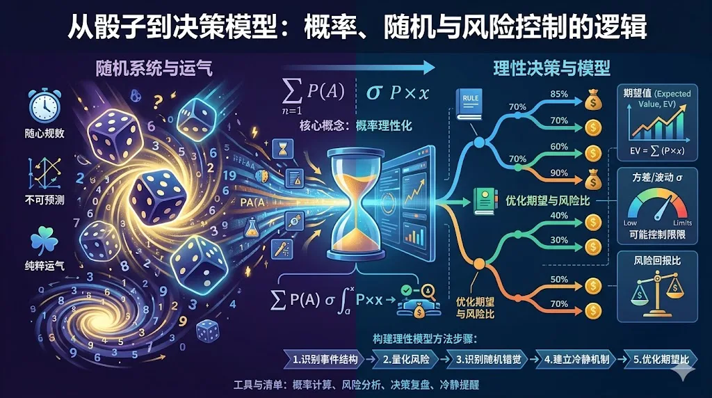 从骰子到决策模型：概率、随机与风险控制的逻辑一、前言：一枚骰子里的世界 人类自古以来就对“运气”充满好奇。 无论是掷骰子、抽签、投资还是人生抉择，我们都在与**随机性（Randomness）**共舞。 骰子，这个最简单的随机系统之一，却揭示了人类认知的一个永恒悖论—— 我们既渴望掌控未来，又被不可预测的事件牵动情绪。 然而，从数学与心理学的角度看，骰子不仅是运气的象征，更是理性决策的缩影。 在看似无序的掷骰过程中，隐藏着概率、期望值、方差、风险控制等一整套科学逻辑。 本文将带你从骰子游戏出发，走向决策科学的核心问题： 如何理解随机事件？ 如何理性评估风险？ 为什么概率错觉会让人做出错误判断？ 又该如何在不确定世界中，构建属于自己的理性模型？ 二、核心概念：随机系统与概率理性 1. 随机性（Randomness） 定义： 在同样条件下，结果不可预测的事件过程。 例子： 投掷一颗公平骰子，结果为1–6中任意一个，每次概率相等。 落地判断： 当你无法根据过去推测未来，而每种结果都有固定概率时，这就是随机事件。 2. 概率（Probability） 定义： 某事件发生的可能性，用0–1之间的数值表示。 P(事件) = 有利结果数 ÷ 全部可能结果数 示例： 投一颗骰子，掷出3的概率 P(3) = 1/6。 启示： 概率不是预测未来的工具，而是衡量风险的度量单位。 3. 期望值（Expected Value, EV） 定义： 若某事件重复无数次，其平均收益的理论值。 EV = ∑（事件概率 × 对应收益） 示例： 掷骰子，若掷出6赢6元，否则输1元： EV = (1/6×6) + (5/6×-1) = 1 - 0.833 = +0.167 → 长期来看这是“正期望”事件。 应用： 投资、保险、策略决策都以EV为核心。 4. 方差与波动（Variance & Volatility） 定义： 衡量随机事件结果的离散程度。 启示： 风险不是输，而是结果不确定的幅度。 举例： 骰子结果的波动大 → 不确定性高； 股票的日收益波动大 → 风险高。 5. 决策期望（Decision Expectation） 在现实中，我们不追求绝对正确，而追求长期平均收益最大化。 因此理性决策模型的目标是： 在有限资源、有限信息下，让“平均正确率×回报”最大化。 可操作动作项： 写下你最近做过的三个关键决策； 估算各自的成功概率和潜在收益； 计算它们的期望值（EV），找出真正理性的选择。 三、方法步骤：构建理性概率模型 步骤一：识别事件结构 任何决策都可分解为四个核心要素： 事件空间（所有可能结果）； 概率分布（每个结果的可能性）； 奖惩系统（收益或损失）； 反馈机制（结果影响未来）。 示例： 在一个“骰子投资模型”中： 事件空间 = {1,2,3,4,5,6} 概率分布 = 均匀分布 奖惩系统 = 掷6得+10，其余得−2 EV = (1/6×10) + (5/6×-2) = 1.67 − 1.67 = 0 → 理论上收支平衡。 启示： 没有正期望的系统，不论技巧多高，最终都趋于零和。 步骤二：量化风险 风险是收益的“影子”。每个期望背后，都有波动区间。 用标准差σ衡量波动： σ = √[∑(x−μ)² / n] μ为平均值。 解读： σ小：事件稳定； σ大：结果波动剧烈。 在决策中，应选择“EV正且σ可控”的选项。 步骤三：识别随机错觉 人脑有天然的偏差： 赌徒谬误（Gambler’s Fallacy）： 认为连输后必胜； 热手错觉（Hot Hand Fallacy）： 认为连赢会持续； 模式幻觉（Pattern Illusion）： 在随机事件中寻找规律。 举例： 如果骰子连续出现3次“6”，大多数人会认为“下次不会再出6”。 但真实概率依然是1/6。 可操作动作项： 当你想说“这次应该反转”时，先写下数据验证； 记住：随机事件没有记忆。 步骤四：建立“决策冷静机制” 心理学研究显示： 人在高压或高期待下，大脑前额叶活动下降，理性判断力削弱。 解决方法： 设立冷静规则（Cooling Rule）： 连续三次错误 → 暂停20分钟； 连续三次正确 → 复盘原因，而非继续加码； 每个重大决策前，至少等待5分钟。 步骤五：优化期望与风险比 最成功的策略不是“最大化收益”，而是最小化风险单位下的收益最大化。 定义： 风险回报比 = 期望收益 / 方差 理性标准： 一个项目若EV=+5且波动极大，可能不如EV=+2但波动极小的选择。 四、系统化案例 案例一：创业决策的概率建模 王先生准备创办公司，设三种情境： 情境概率收益EV成功0.4+100万+40万平稳0.3+10万+3万失败0.3-30万-9万总EV = +34万 → 属于正期望项目。    但他通过波动分析发现σ较高（高风险高回报），于是决定分阶段投资。 启示： 概率思维让风险更可控。 案例二：投资理财的EV管理 李女士在两个基金间选择： 基金平均收益波动率EV调整后A10%高6%B8%低7% 虽然A表面收益高，但调整风险后，B的理性价值更优。 结论： 决策的关键在“风险单位回报率”。 案例三：医学中的概率决策 医生面对治疗方案A（成功率90%，副作用大）与方案B（成功率80%，副作用小）。 通过“风险收益矩阵”分析，最终选择B，因为它在“长期平均健康收益”上更优。 启示： 医学也是在平衡概率与风险。 案例四：教育与学习中的“投骰思维” 学生在考试中有三种题型： 确定题（概率高）； 模糊题（中等）； 猜题（低概率）。 理性学习者会分配时间比例为： 6：3：1 → 最大化平均得分的“学习EV”。 案例五：心理稳定系统的决策训练 企业家赵先生长期在高压下决策，他设立“理性暂停机制”： 每次重要选择前，先记录三种最坏情形。 三个月后，他发现冲动决策减少了70%，决策质量显著提升。 五、常见误区与纠偏 误区心理根源纠偏策略相信“运气”规律控制幻觉记录长期统计分布忽视样本量认知捷径扩大验证周期情绪决策奖励系统偏差设置暂停机制盲目追求回报风险盲区计算风险回报比模式幻觉模式偏见用数据验证规律 可操作动作项： 每周复盘一次“概率错觉”； 设计“风险日志”追踪偏差； 建立“决策冷静日程表”。 六、工具与清单 工具类别工具功能概率计算Excel / Python计算EV与分布风险分析Monte Carlo模型模拟决策波动情绪记录Daylio / Notion跟踪情绪干扰决策复盘Power BI可视化结果分布冷静提醒手机定时器设置暂停机制 七、结论：理性，是掌控随机的唯一方法 随机世界中，没有绝对安全，也没有永恒规律。 唯一能让你立于不败之地的，是理性思维、纪律与概率意识。 掷骰子时的每一次未知，都是人生的隐喻： 你无法控制结果，但可以选择投入的方式、节奏与心态。 真正的强者，不是预测未来的人， 而是能在随机中保持清醒与秩序的人。 八、FAQ 随机事件可以预测吗？ 不可预测，但可量化分布与长期概率。 为什么人类讨厌不确定？ 因为不确定削弱了控制感。 如何训练概率意识？ 记录事件结果并估算主观概率偏差。 理性会不会让人冷漠？ 不会，理性让情绪更精准。 风险能完全消除吗？ 不可能，但可以分散与对冲。 期望值计算复杂吗？ 简单加权平均即可。 为什么赌徒常输？ 因为他们误解了随机性，以情绪替代概率。 决策与运气有关吗？ 有，但长期看理性压倒运气。 如何应对连续失败？ 停止行动，复盘系统，不归咎运气。 科学决策的核心是什么？ 理解不确定性、接受波动、管理风险。 九、术语表 术语定义随机性结果不可预测的事件系统概率事件发生的可能性期望值（EV）长期平均收益方差结果波动的量化指标风险回报比收益与风险的比率赌徒谬误错误地认为随机事件会“自我修正”模式幻觉在无序中看到规律的错觉冷静机制防止情绪干扰决策的系统长期期望长期重复中的平均收益趋势决策纪律系统化、非情绪化的行动原则   根据文章内容制作一个尺寸在1920×1080大小中文配图